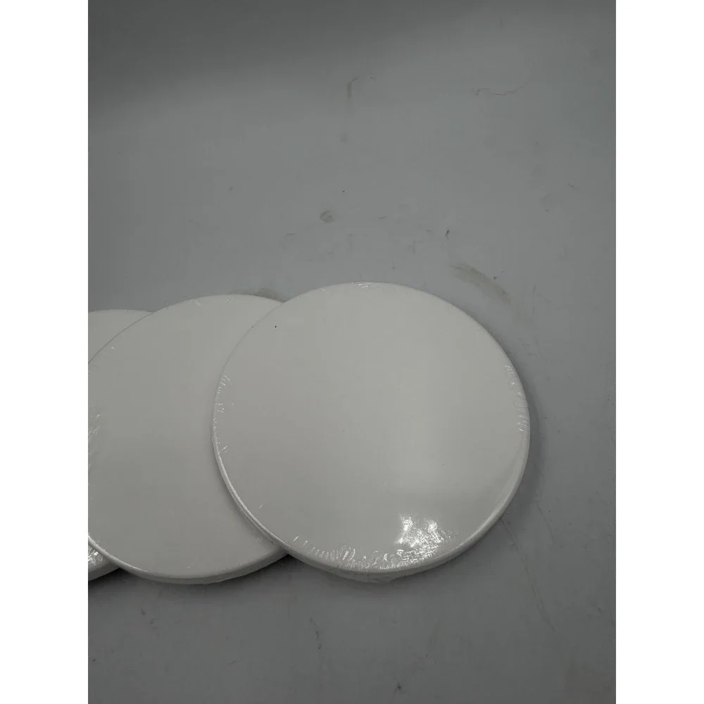 Set Of 4 Sealed Ceramic White Disc Coasters 3.5in Rounds 1/4